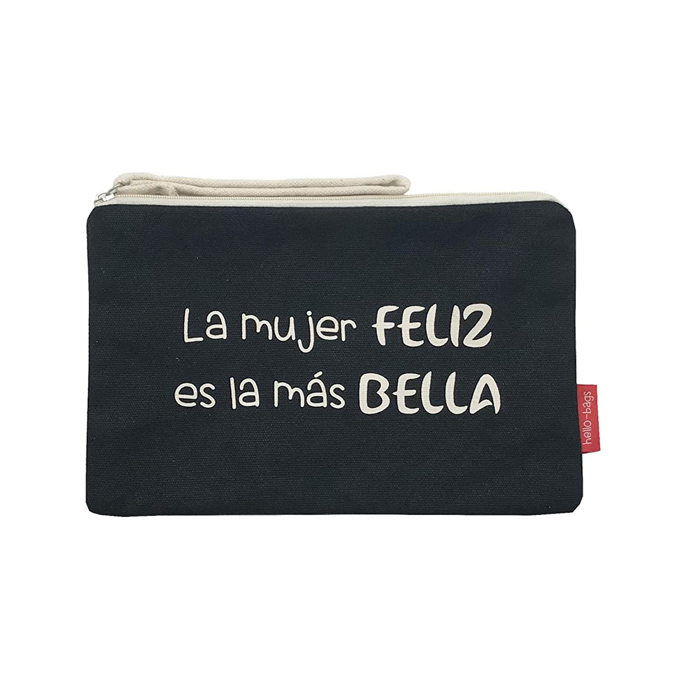 Hello-Bags. Bolso Neceser / Cartera de Mano con cremallera y forro interior. Exterior: Algodón 100%. Incluye sobre kraft de regalo. Modelo LAMUJER. Color: Crudo / Negro. 23x15,5 cm.