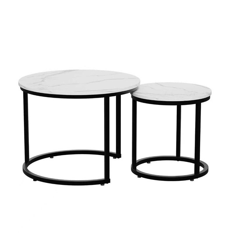 Ensemble de deux tables basses gigognes rondes blanches avec structure métallique