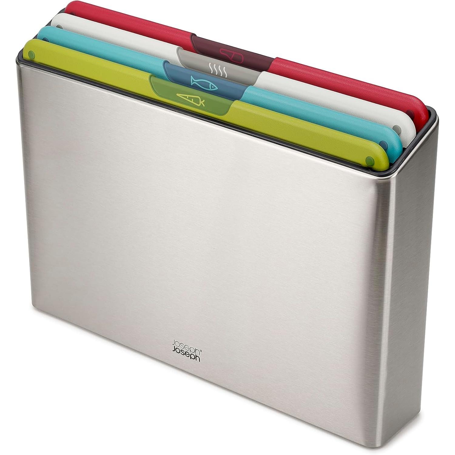 Joseph Joseph Folio Icon Juego de 4 Tablas de Cortar y 4 Cuchillos de Acero Inoxidable, estuche multicolor
