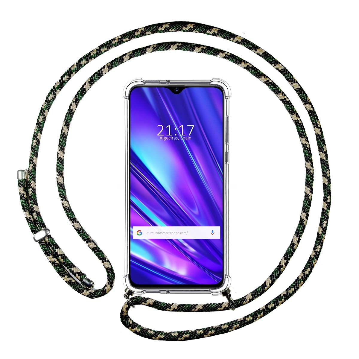 Tumundosmartphone Funda Colgante Transparente para Realme 5 Pro con Cordon Verde / Dorado