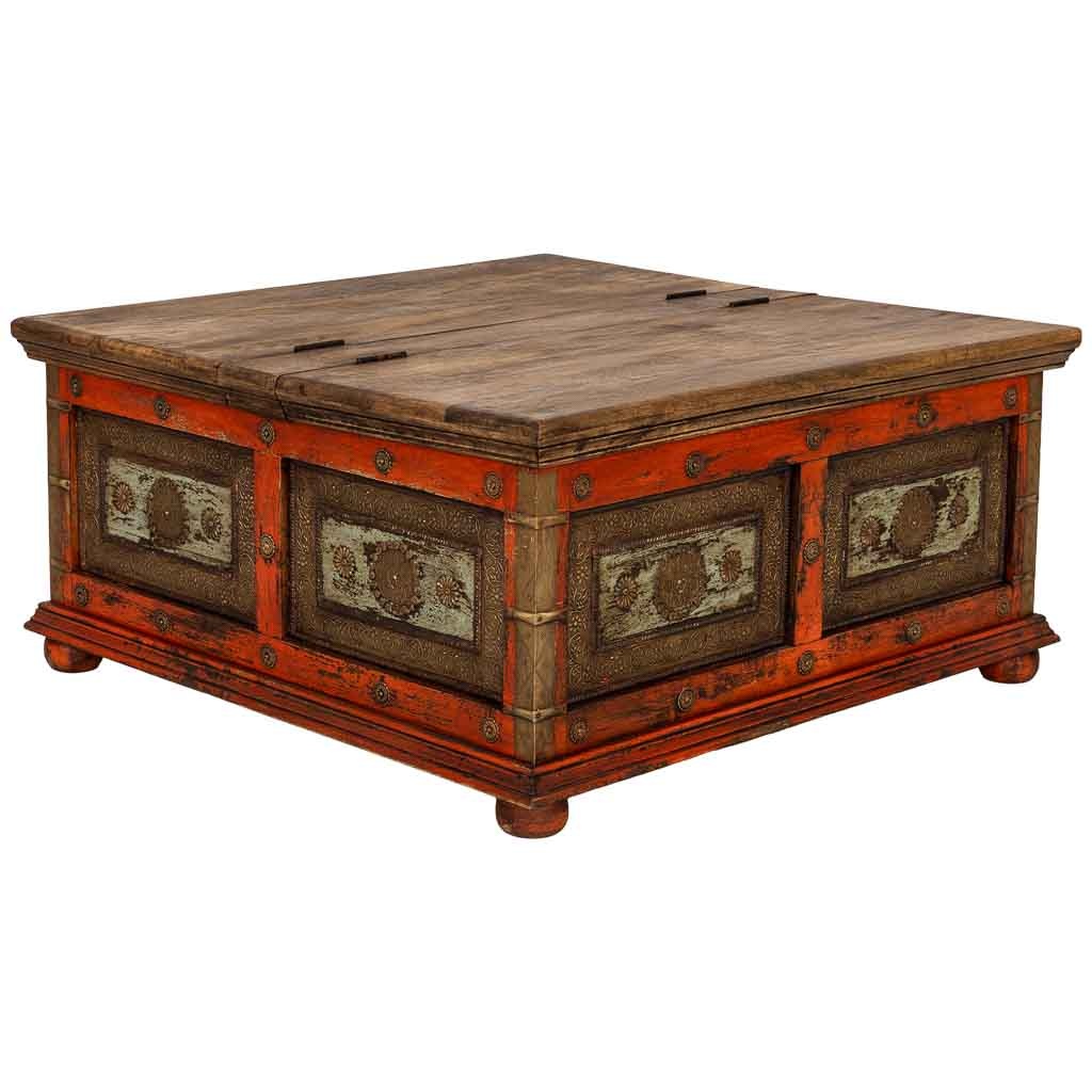 Wonderlust Deco - Mesa de centro de madera artesanal roja 100x100x47h cm Rojo 100x100x47h cm