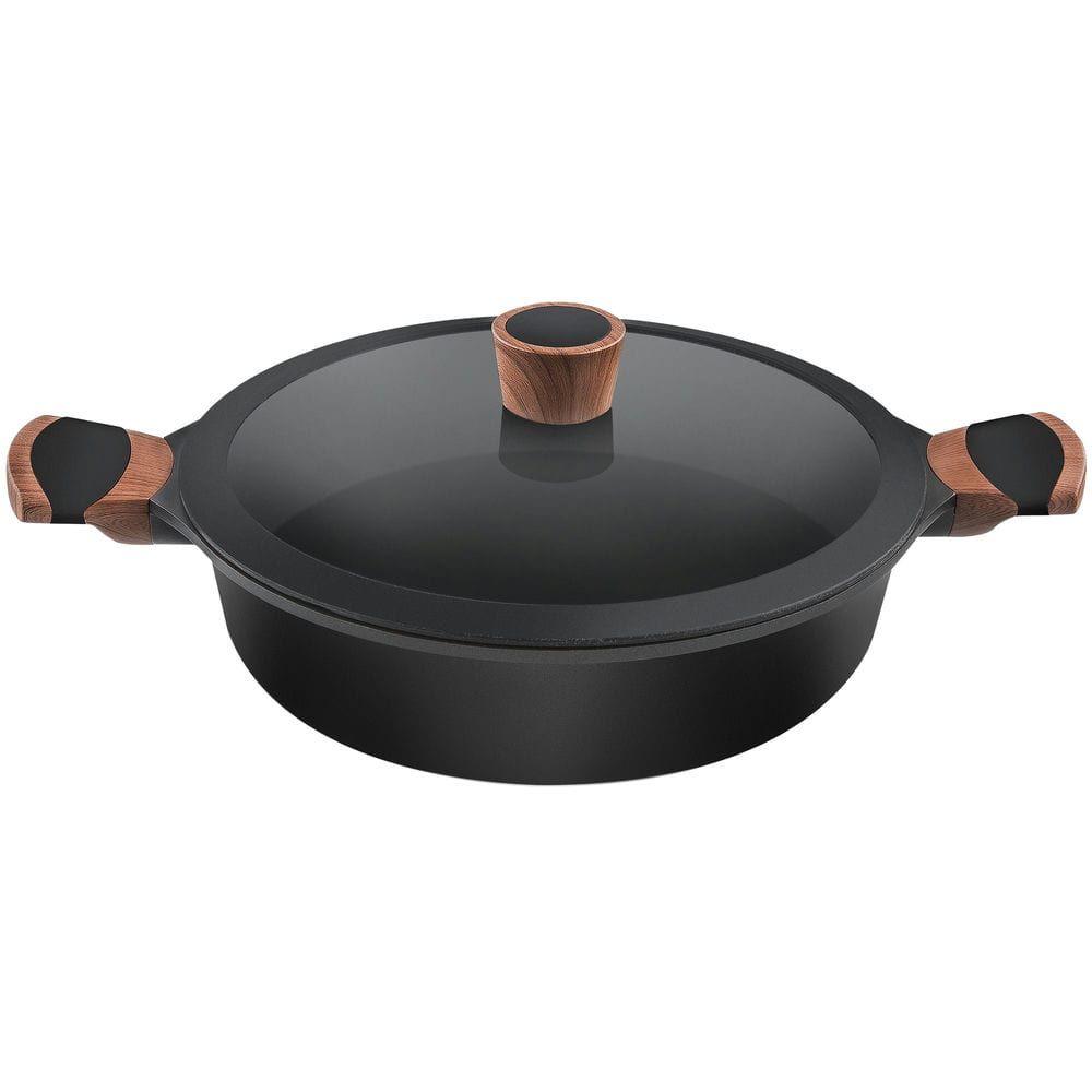 Cacerola aluminio fundido premium baja xylan - Adecuada para vitrocerámica, gas, eléctrica, inducción - Cacerola con tapa de cristal de óptimo ajuste - Asas y pomo con silicona de elegante diseño - Rápida y fácil de limpiar, apta para lavavajillas