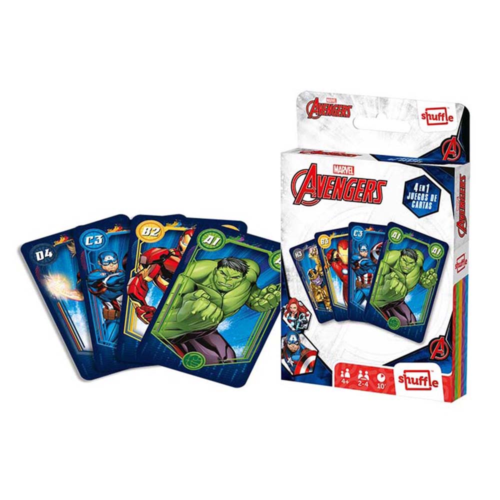 Fournier Cartamundi Shuffle Baraja de 33 cartas Vengadores Héroes Marvel 4 juegos en 1 Juego mesa Jugar Cuartetos A partir de 4 años De 2 a 4 jugadores Partidas de 10 minutos Producto oficial Familia Amigos Cine Fantasía Multi idioma