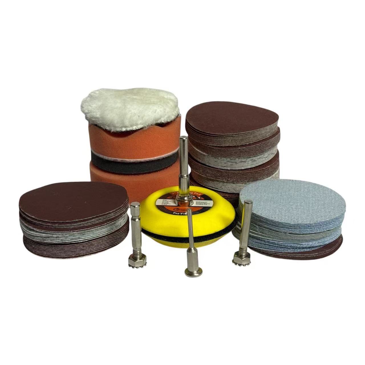 Kit de Discos de Lijado y Pulido 120 Piezas para Taladro – Granos P60 a P10000, Almohadillas de Pulido, Platos de Soporte y Adaptadores – Ideal para Metal, Madera, Coche, Mármol y Restauración
