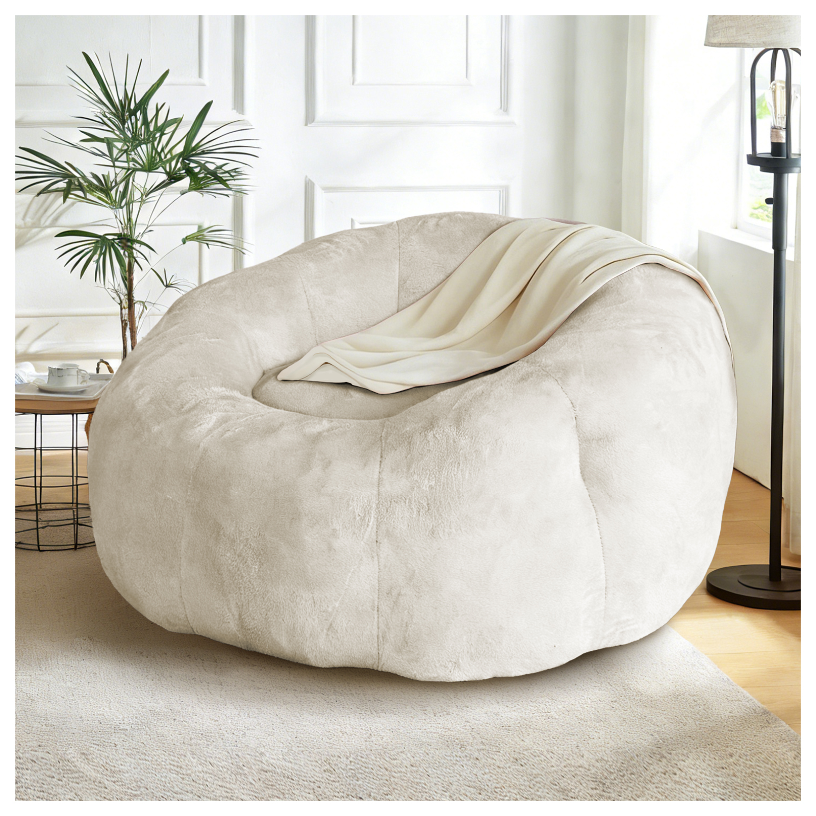 Grand fauteuil lounge rond blanc en flanelle, pouf confortable pour salon et chambre