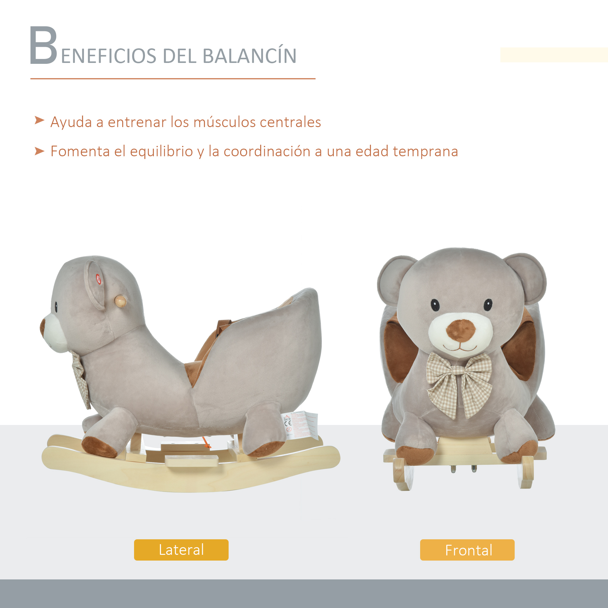 HOMCOM Caballito Balancín Bebé Balancín Peluche Caballo Madera para Niños  de 3-6 Años con Sonidos 74x28x65cm