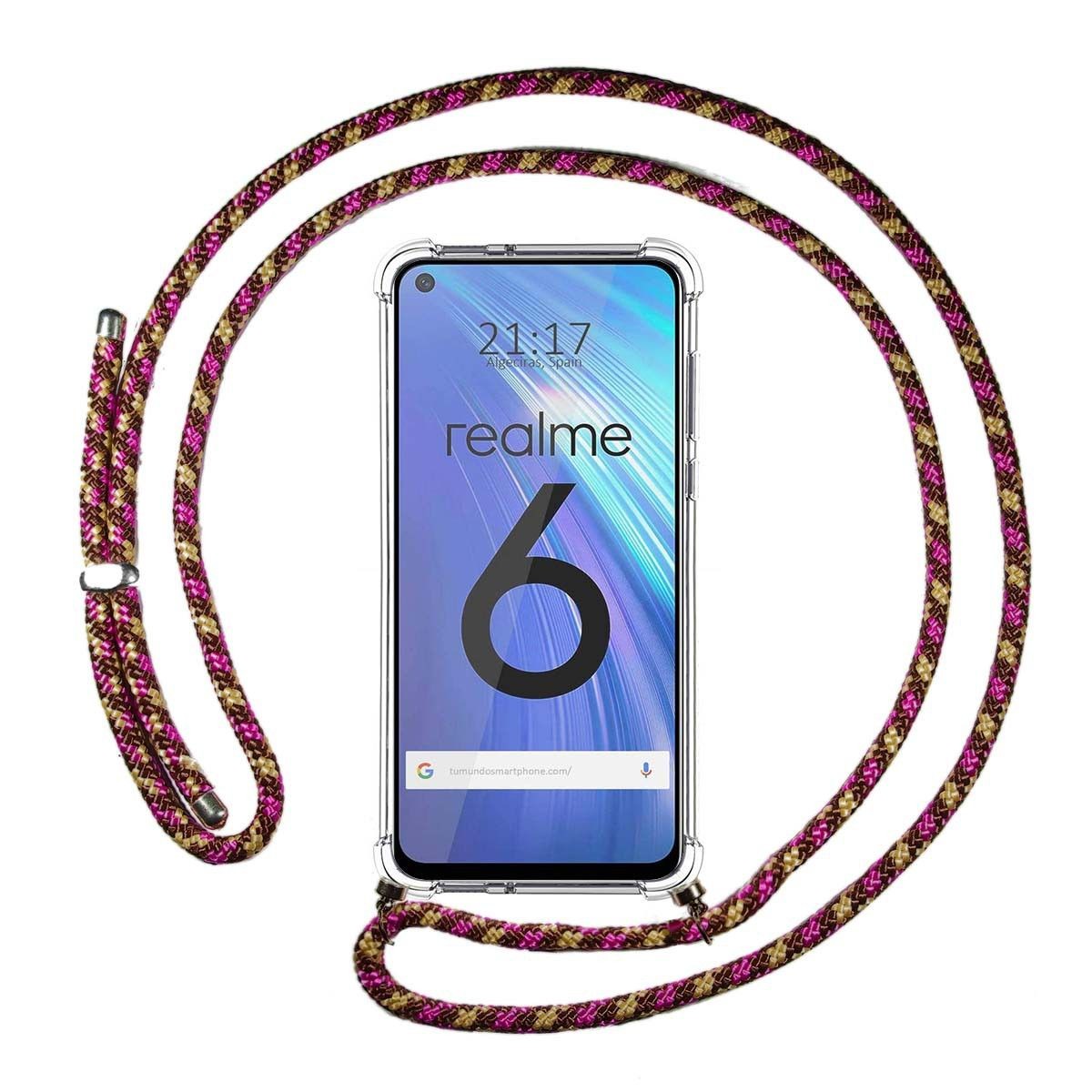 Tumundosmartphone Funda Colgante Transparente para Realme 6 con Cordon Rosa / Dorado
