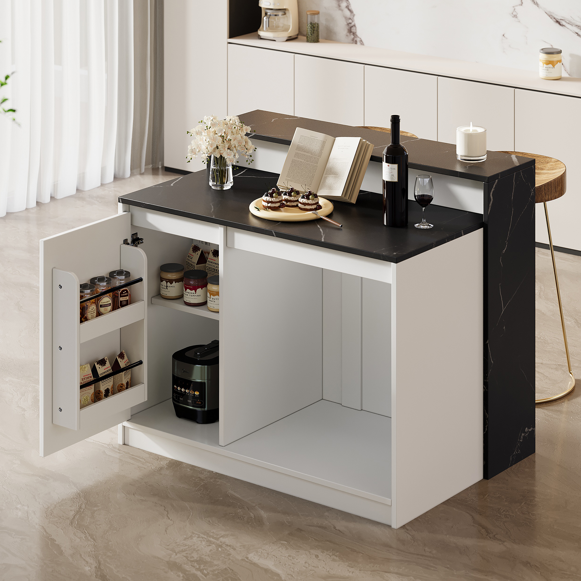 Îlot de cuisine blanc et noir effet marbre avec comptoir et espace pour animal