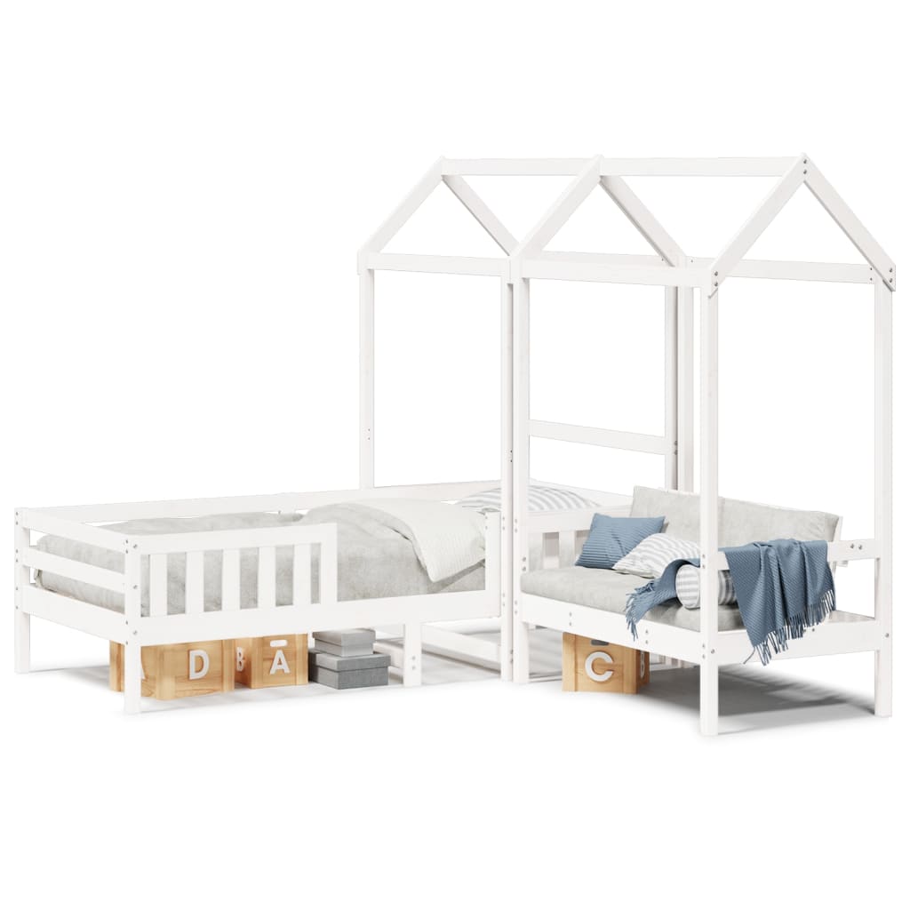 vidaXL Set cama y banco con techo madera maciza pino blanco 75x190 cm