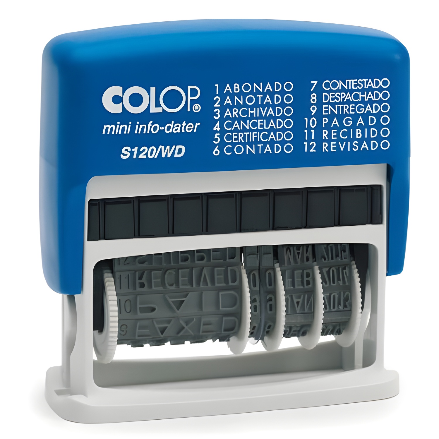 Sello de entinaje s 120/wd formula/fecha 4mm español azul/bicolor colop