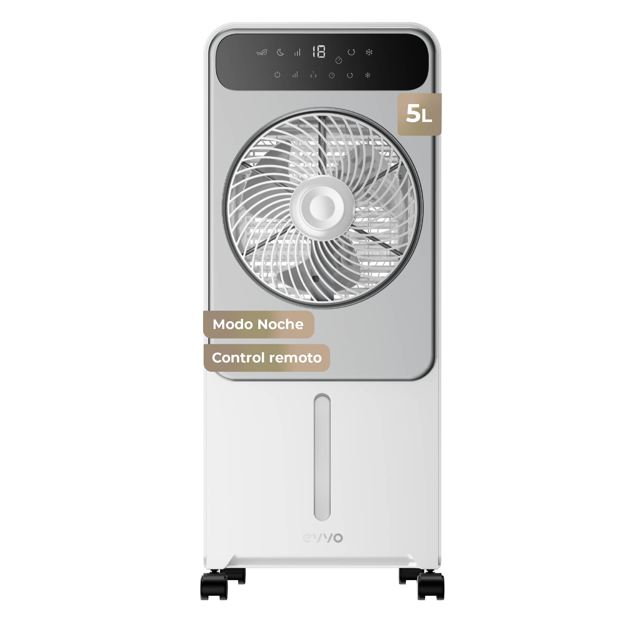 Climatizador Evaporativo EVVO AC950, 65W, Depósito 5L, Control Táctil, 3 modos, Temporizador 12h, Mando a Distancia, Ruedas