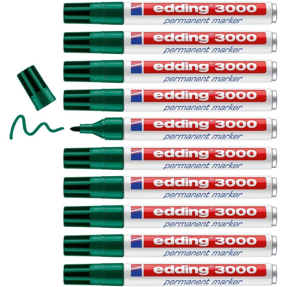 Edding 3000 marcador permanente Negro,Rojo,Azul,Verde,Amarillo,Naranja - 10 rotuladores - punta redonda 1,5-3 mm - indeleble de secado rápido - resistente al agua y a los borrones - cartón, plástico, madera, metal - universal calidad garantizada