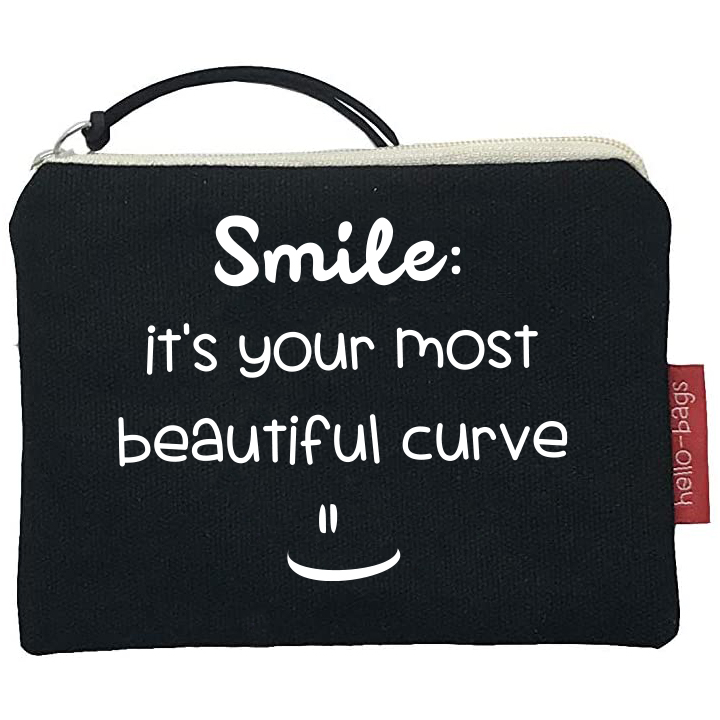 Hello-Bags. Bolso Monedero / Billetero / Tarjetero con cremallera y forro interior. Exterior: Algodón 100%. Incluye sobre kraft de regalo. Modelo: "SMILE". Crudo / Negro. 14x10 cm.