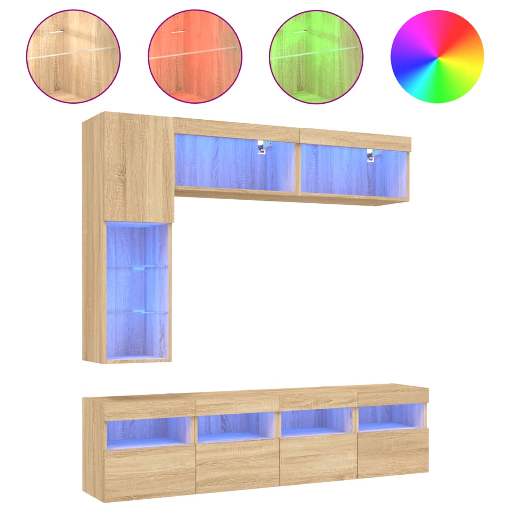 vidaXL Mueble de pared de TV con luces LED 7 piezas, Mueble de Salon, Mueble TV, Mueble TV salon, Mesa de TV, Mueble tele