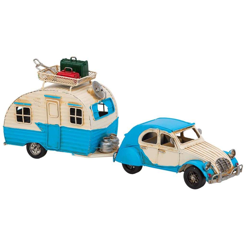 Wonderlust Deco - Coche de remolque con caravana de metal azul 41x9.5x15.5 Azul 41x9.5x15.5h cm