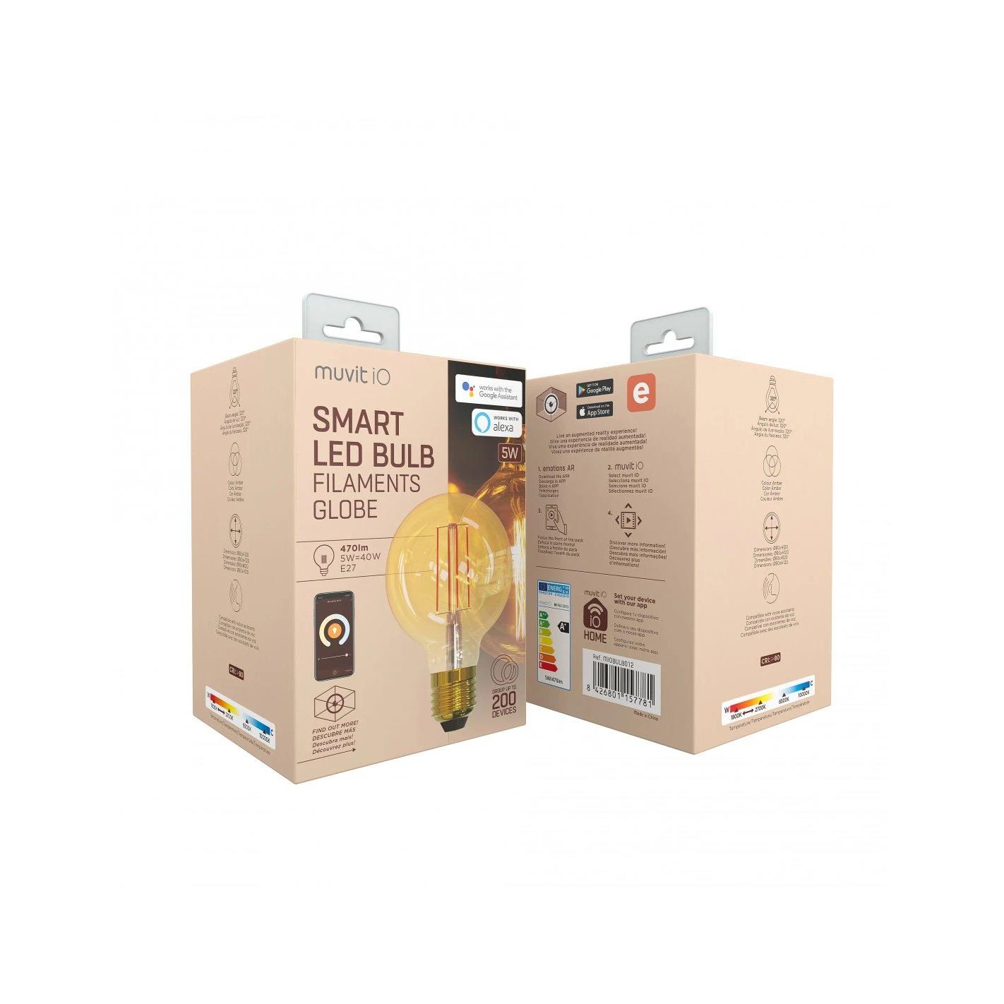 Iluminación Smart Home Bombilla inteligente Filamentos LED (globo pequeña) Wi?Fi 2.4GHz 5W E27 Globo pequeña (G80) MUVIT G80-F-I (DARK AMBER) | IP20