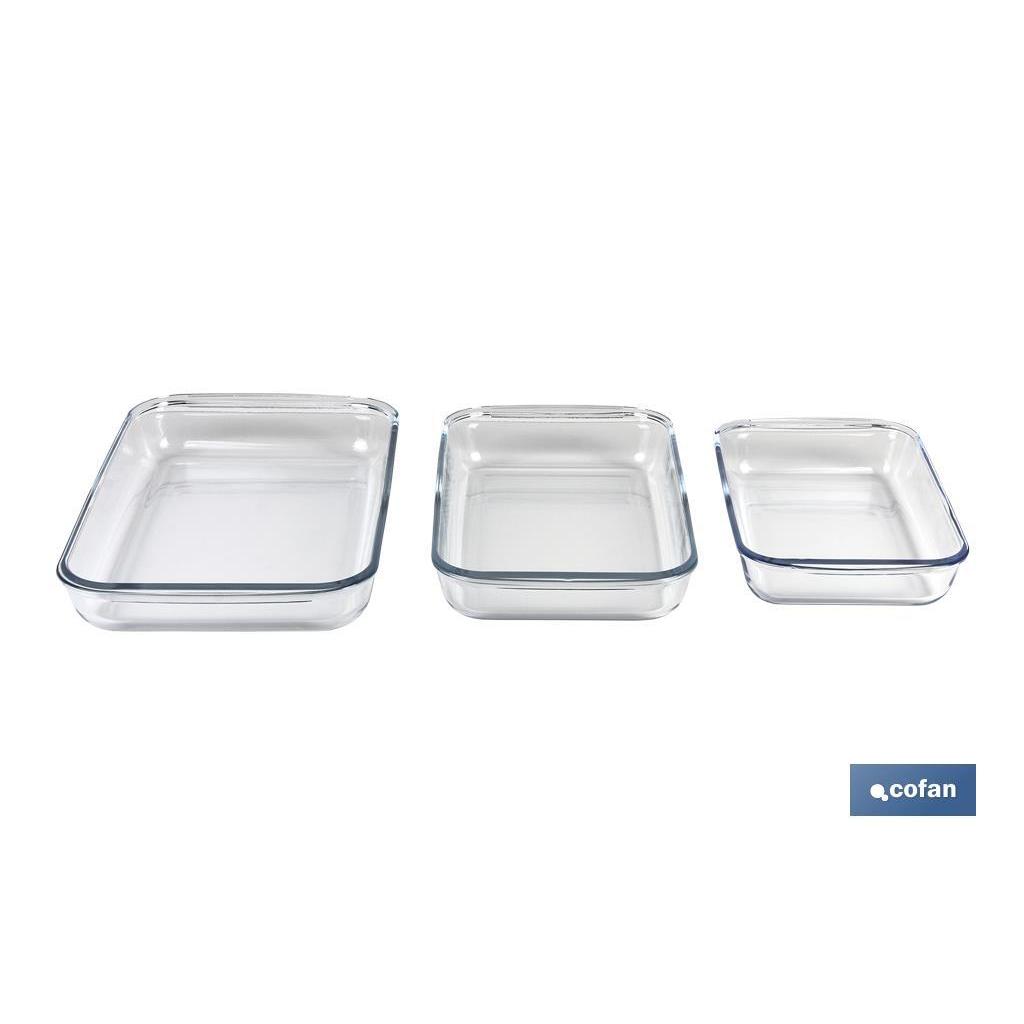 Fuentes Rectangulares de Borosilicato Cofan - Set de 3 - Capacidad: 1600 Ml, 2200 Ml, 3000 Ml