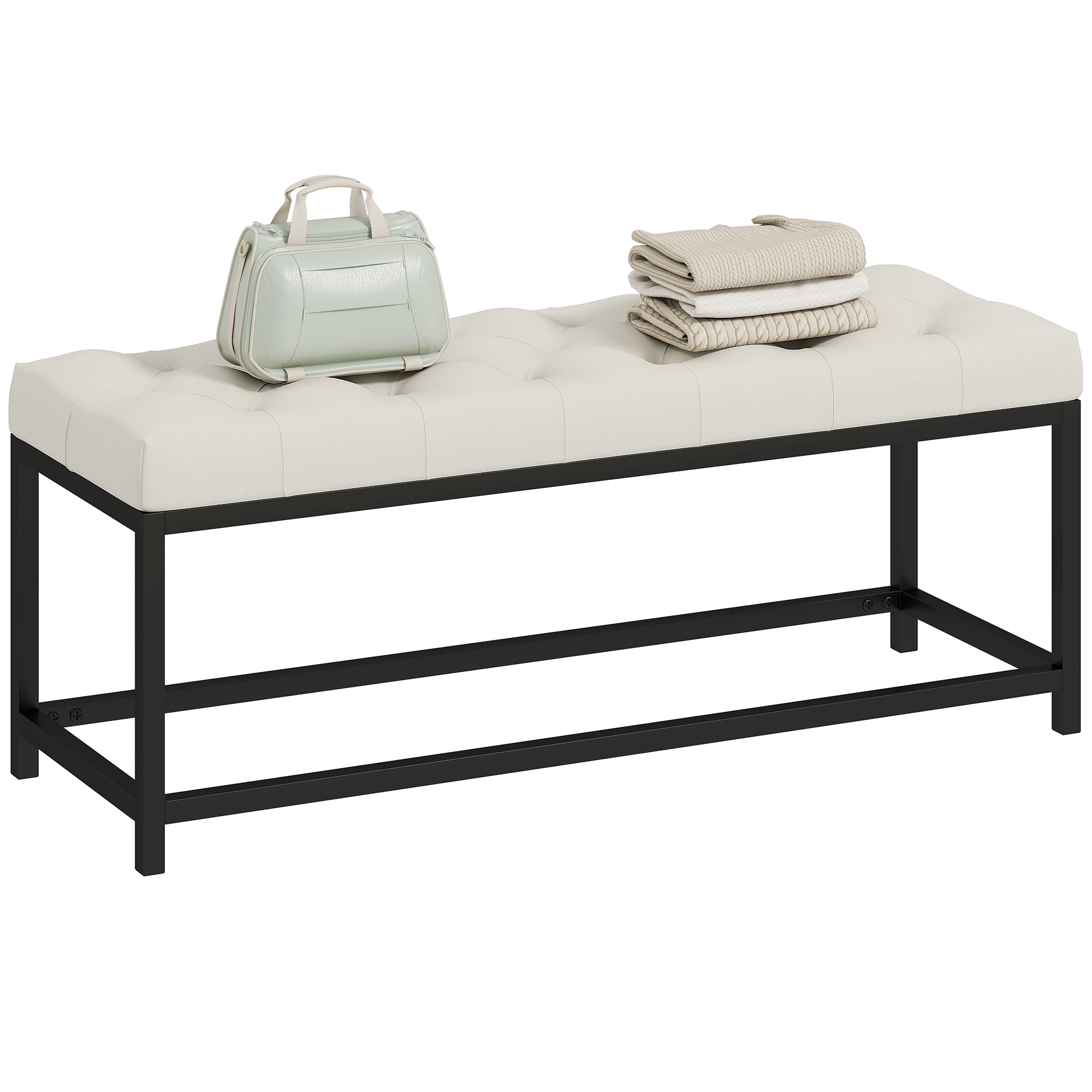 HOMCOM Banco Pie de Cama, Tapizado en Terciopelo, Banqueta para Dormitorio, Diseño Capitoné, Base de Metal, Banco para Dormitorio, Entrada, Salón, Recibidor