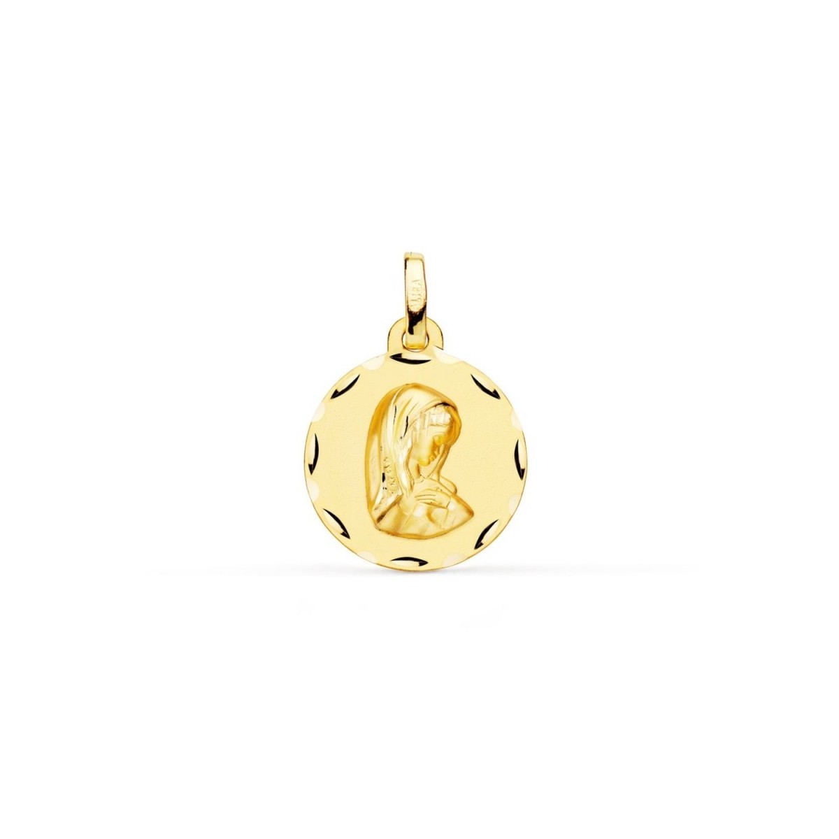 Virgen Niña medalla oro 18k Primera Comunión colgante 18 mm. detalles tallados borde