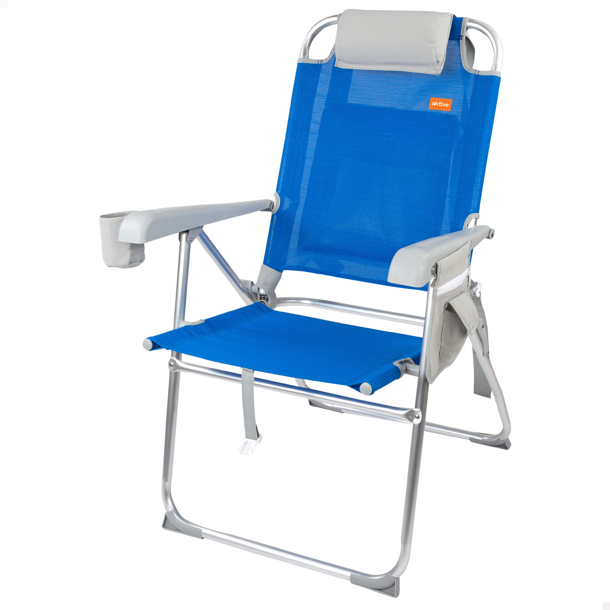 Aktive - Silla de playa plegable con respaldo reclinable 8 posiciones, 48x65x100 cm, de aluminio y textileno, con mochila, cojín, posavasos, bolsa rejilla, bolsillo lateral y antivuelco, máx. 110 kg, sillas de playa, sillas plegables, accesorios verano