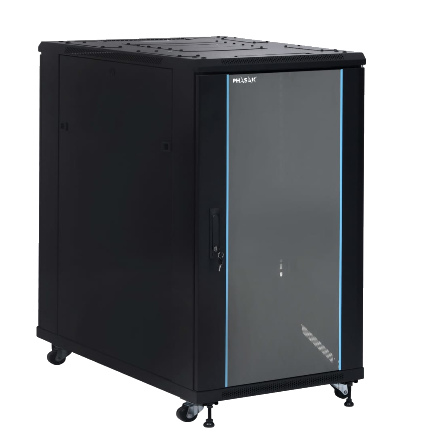 Armario Rack 19” Phasak Pro 22U 600x1000 – Desmontado, ventilado, puerta de vidrio templado, regleta eléctrica, ruedas, bandejas incluidas, alta seguridad PHO 6122
