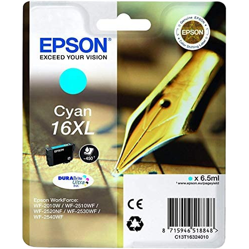 Cartucho De Tinta Epson 16 Xl 6,5 Ml Cian, paquete estándar, XL válido para los modelos WF-2010W, WF-2510WF, WF-2520NF, WF-2530WF, WF-2540WF y otros