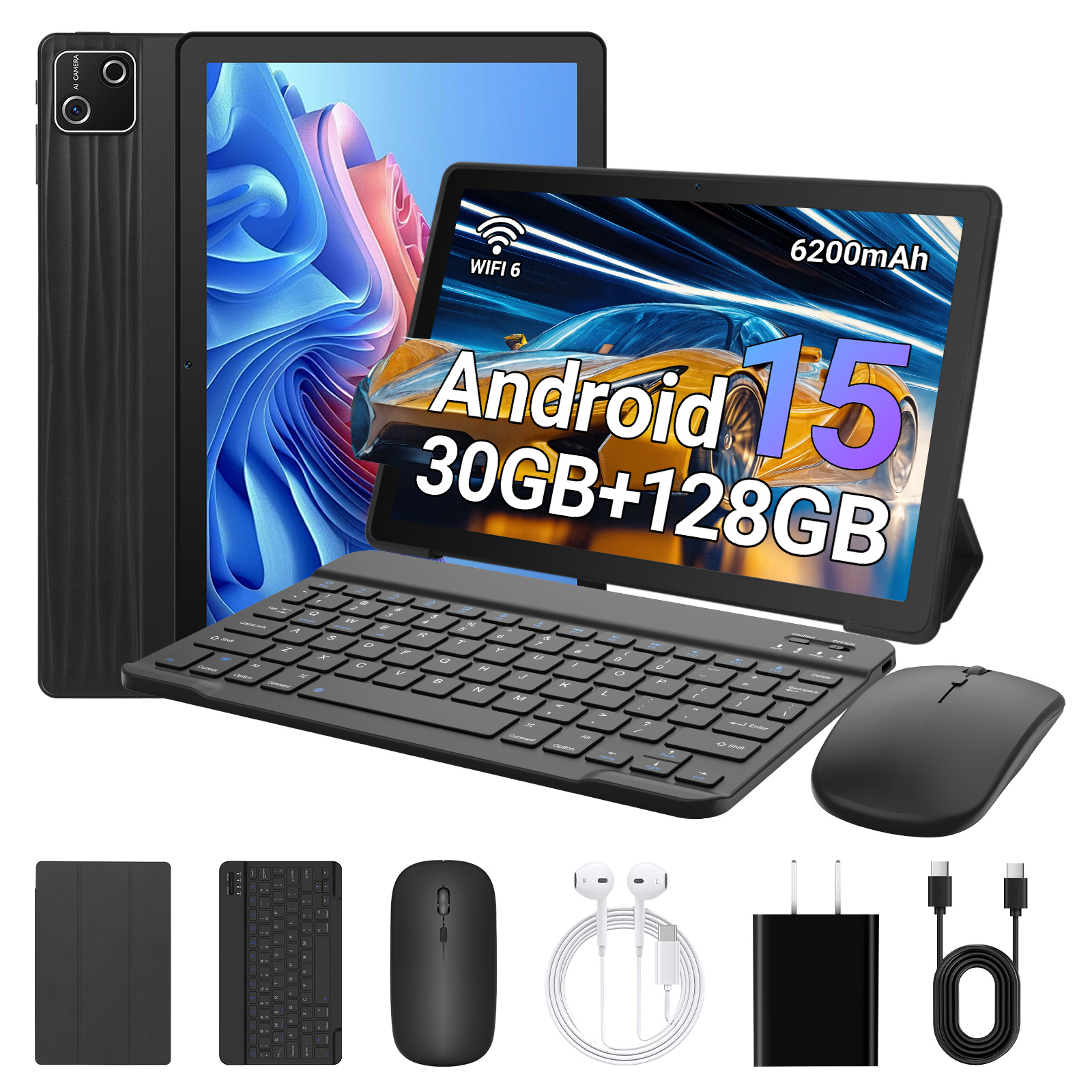 JENBIZZ G13L Tableta con el último Android 15, pantalla de 10.1 pulgadas, 30 GB de RAM (6 GB + 24 GB), 128 GB de almacenamiento con expansión hasta 1 TB, batería de 6200 mAh, tableta con teclado inalámbrico, ratón, Wi-Fi 6, 5MP+8MP, 1280×800