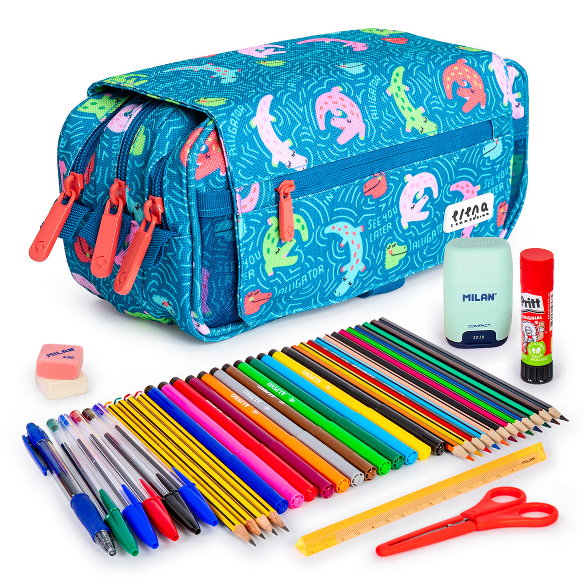 ColePack Design - Estuche Triple de 3 Cremalleras con Material Escolar Incluido. EC Alligator