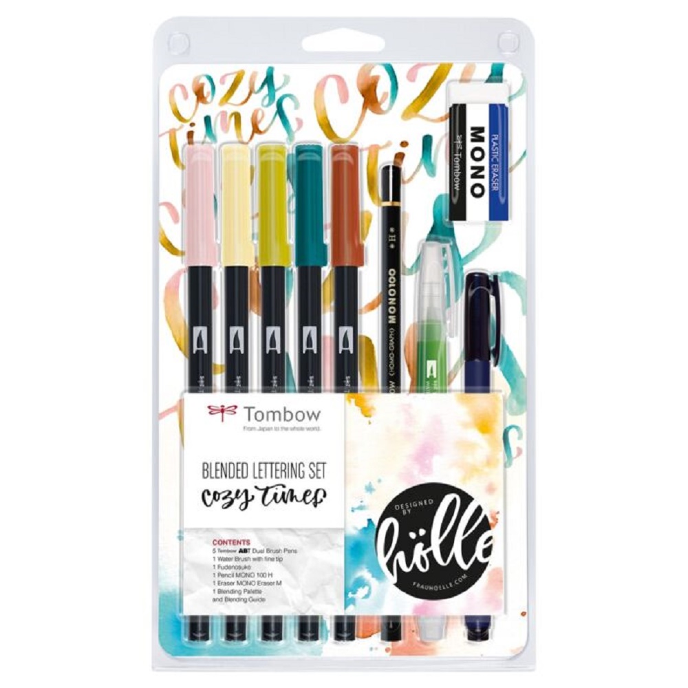 Tombow, Set Lettering"Cozy Times".  Set de Rotuladores Acuarelables con Pincel de Agua, Lápiz, Goma de Borrar, Paleta Lavable.