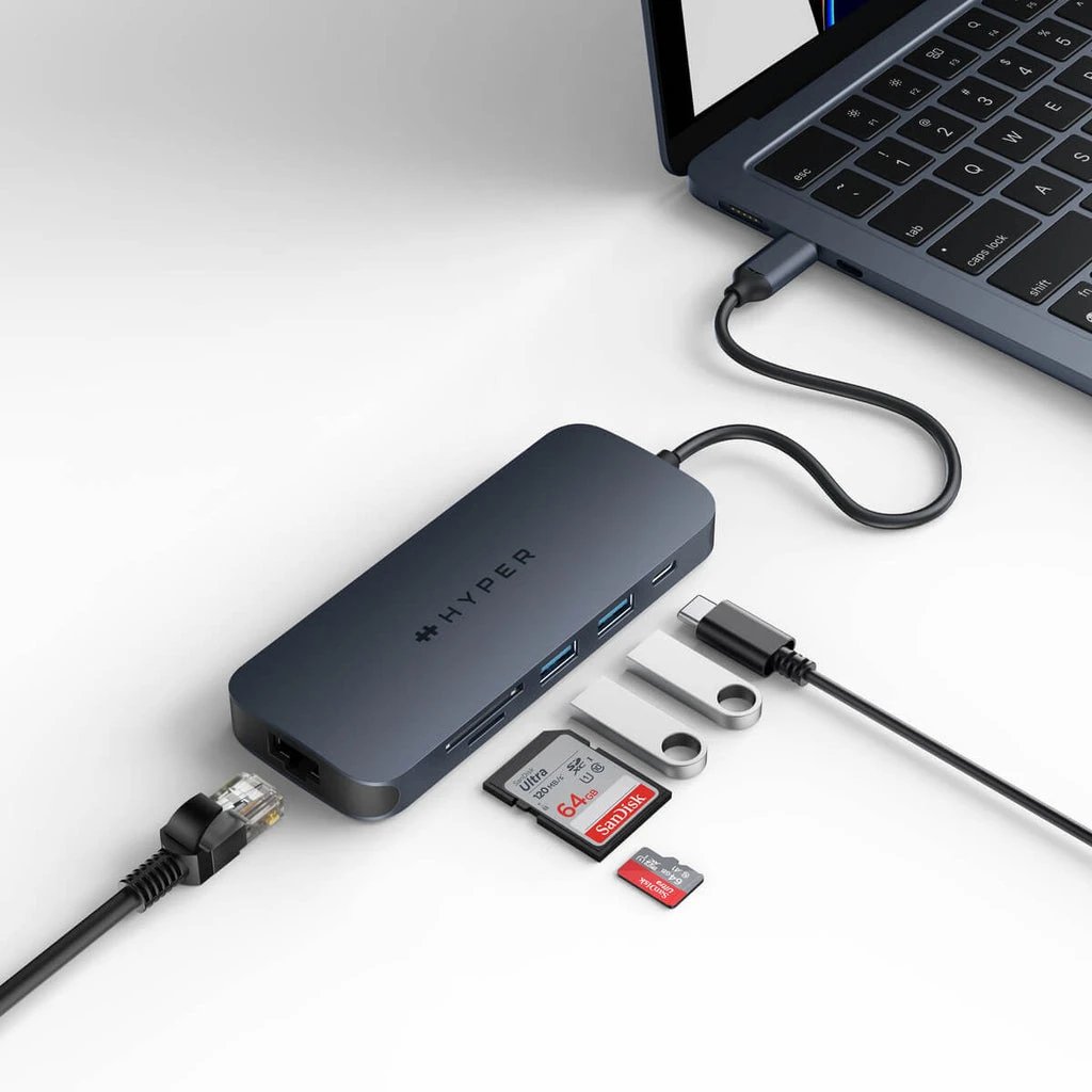 HYPER - Hub Switch HYPER HD4004GL 1, Azul 8 en 1 con USB-C Power Delivery 140 W, HDMI 4K@60Hz, Ethernet Gigabit, lectores SD/MicroSD y compatibilidad ChromeOS para productividad móvil