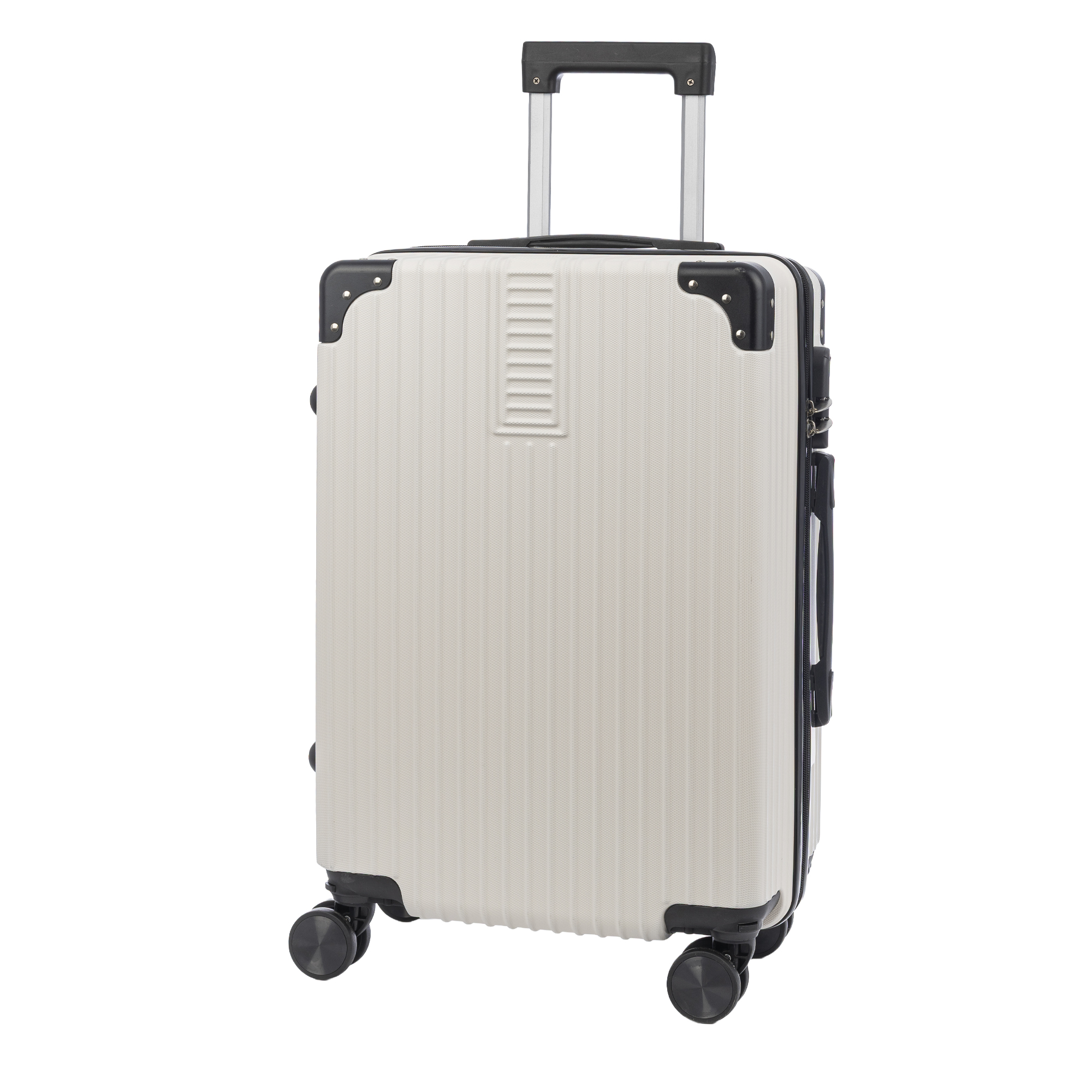 Maleta de cabina Trolley en material ligero de ABS de alta resistencia con esquinas reforzadas. Cerradura numérica y 4 ruedas dobles extraíbles y giratorias 360°.
