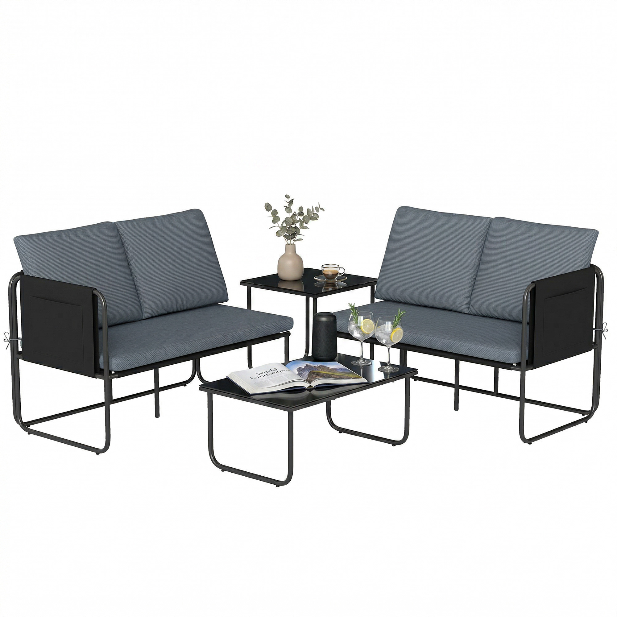 Outsunny Conjunto Jardín Exterior de 4 Piezas, Muebles Jardín Exterior con 2 Sofás 2 Plazas, 2 Mesas de Vidrio, Cojines, Fundas Extraíbles, Bolsillos, Tela Textilene Transpirable, Marco Acero