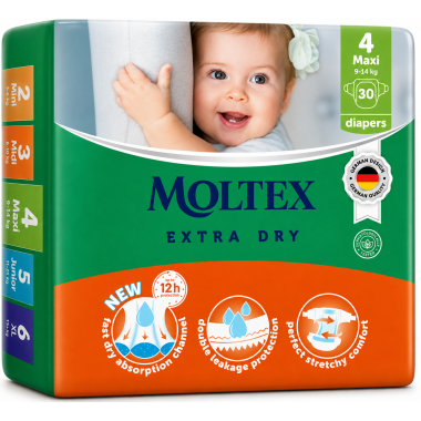 Moltex Extra Dry Talla 4 (9-14 kg) 30 Pañales – Alta Absorción y Protección para el Día a Día Moltex