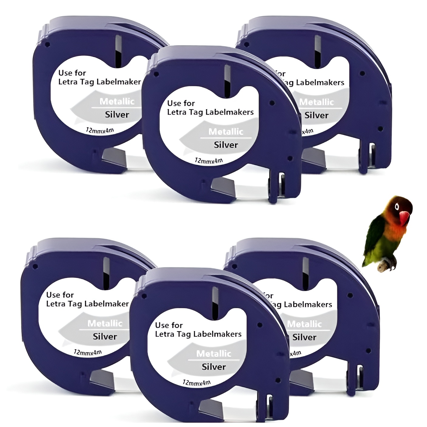 6 cintas Compatibles Dymo LetraTag Texto negro sobre fondo metalico 91208