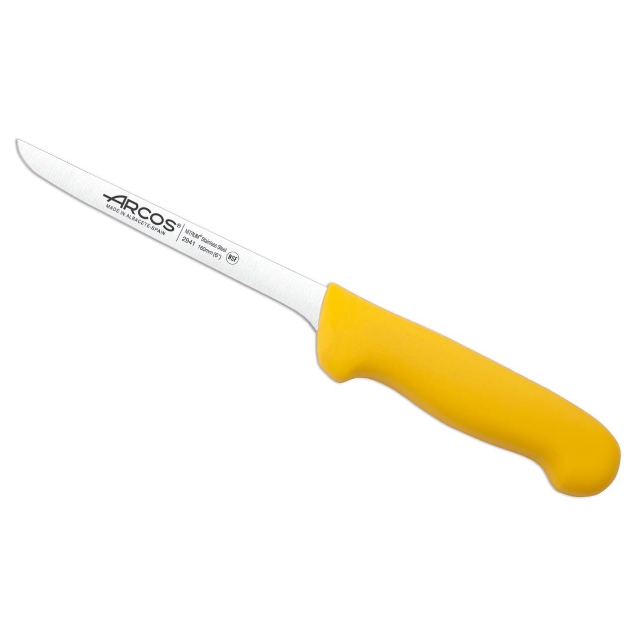 Arcos Cuchillo deshuesador con Hoja Acero Inoxidable Nitrum 160 mm. Cuchillo profesional para cortar huesos carne. Mango ergonómico polipropileno. Serie 2900. Color amarillo.