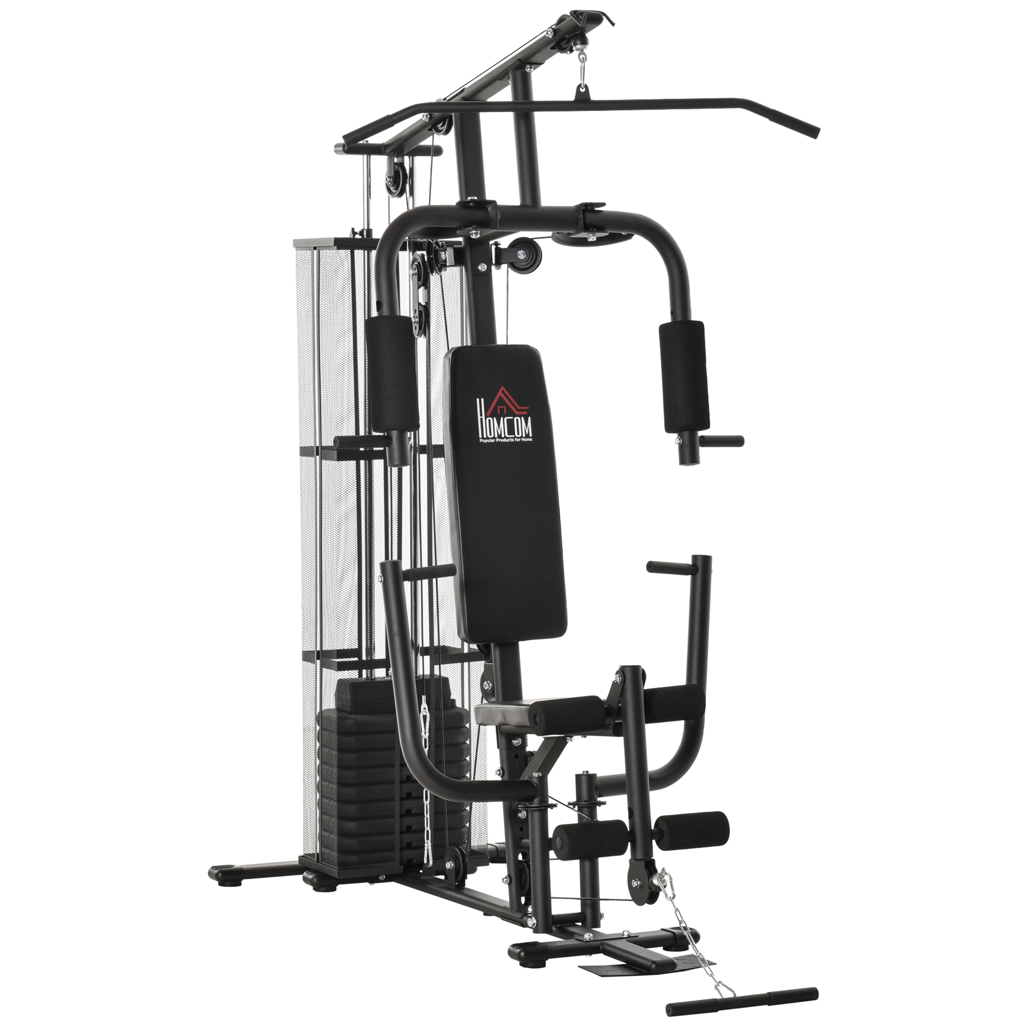 HOMCOM Máquina Multiestación Musculación Máquina de Musculación con Prensa de Piernas y Pecho Placas de Pecho Placas de Peso de 45 kg y Polea para Entrenamiento Fitness en Hogar Gimnasio Negro