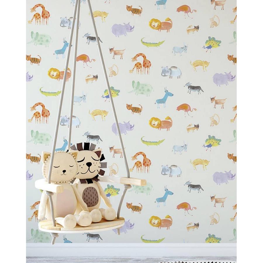 Papel pintado infantil con animales del zoo jirafas elefantes tigres leones y monos - Animals Zoo 125922 de GAULAN - Rollo de 10 m x 0,53 m