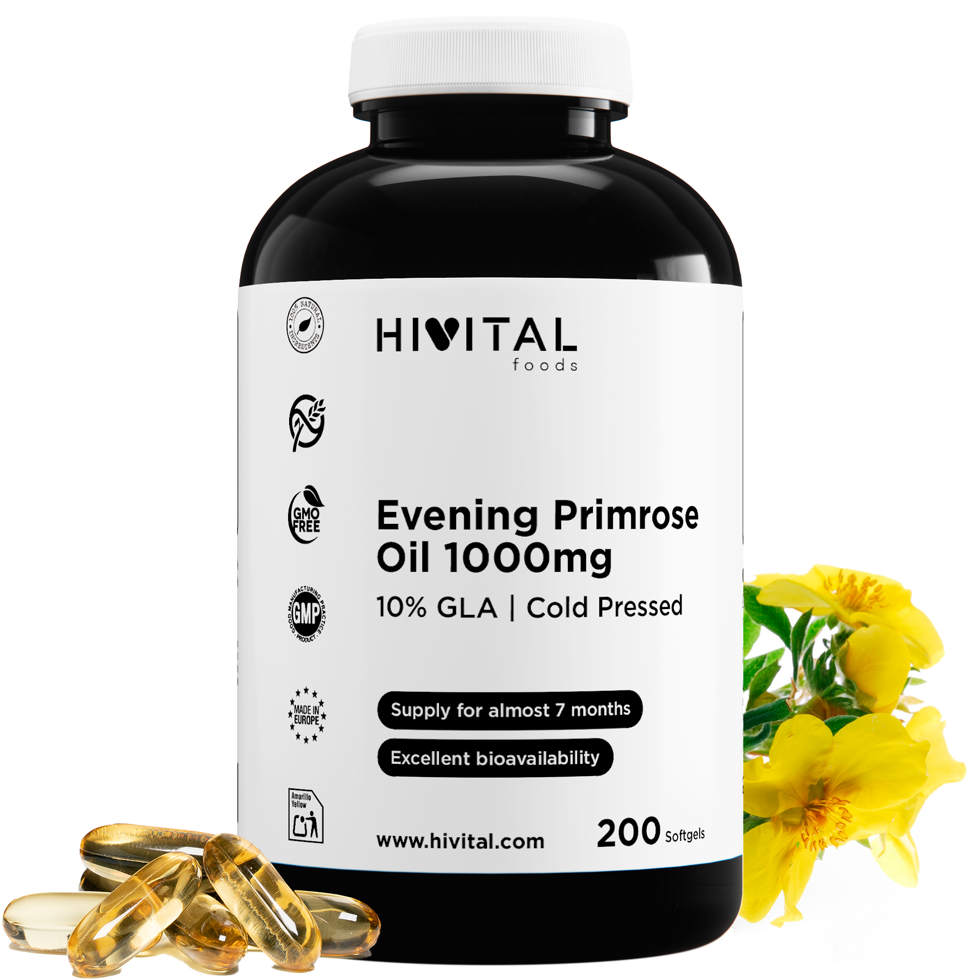 Aceite de Onagra 1000 mg con 10% GLA y Vitamina E | 200 perlas de Aceite Vegetal. Hivital