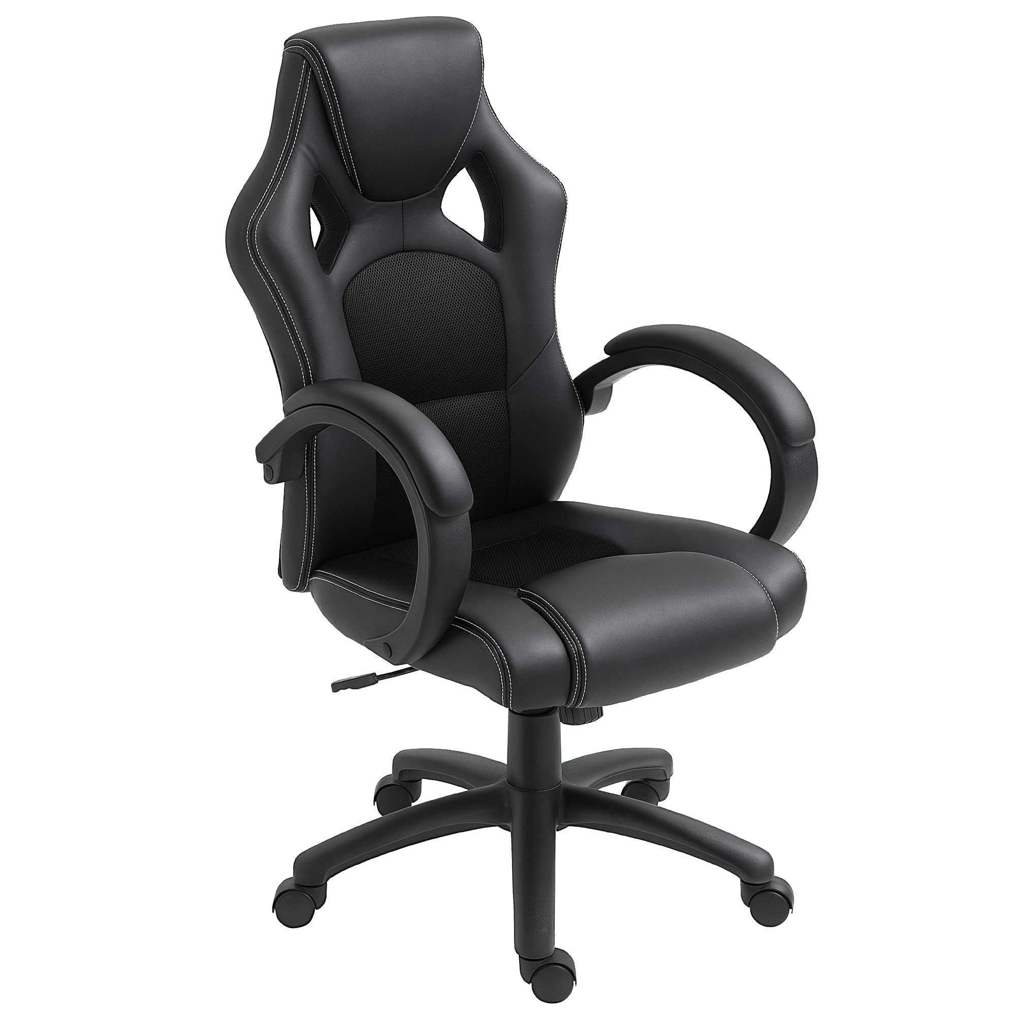 HOMCOM Silla de Oficina Silla Estudio con Función Basculante Altura Ajustable y Respaldo Alto Tapizado en Cuero PU y Malla Transpirable 71x61x108-118 cm Negro