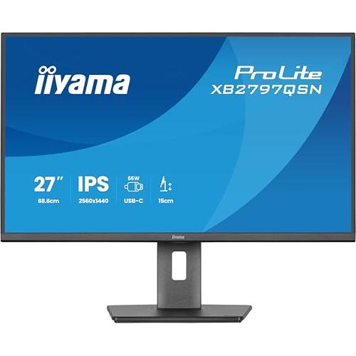 iiyama Prolite XB2797QSN-B1 Monitor LED IPS 68,5 cm 27" WQHD HDMI DP-in/Out DaisyChain USB-C Dock 65W RJ45 USB3.2 USB-C Slim-Line Ajuste de altura Pivot AdaptiveSync Negro