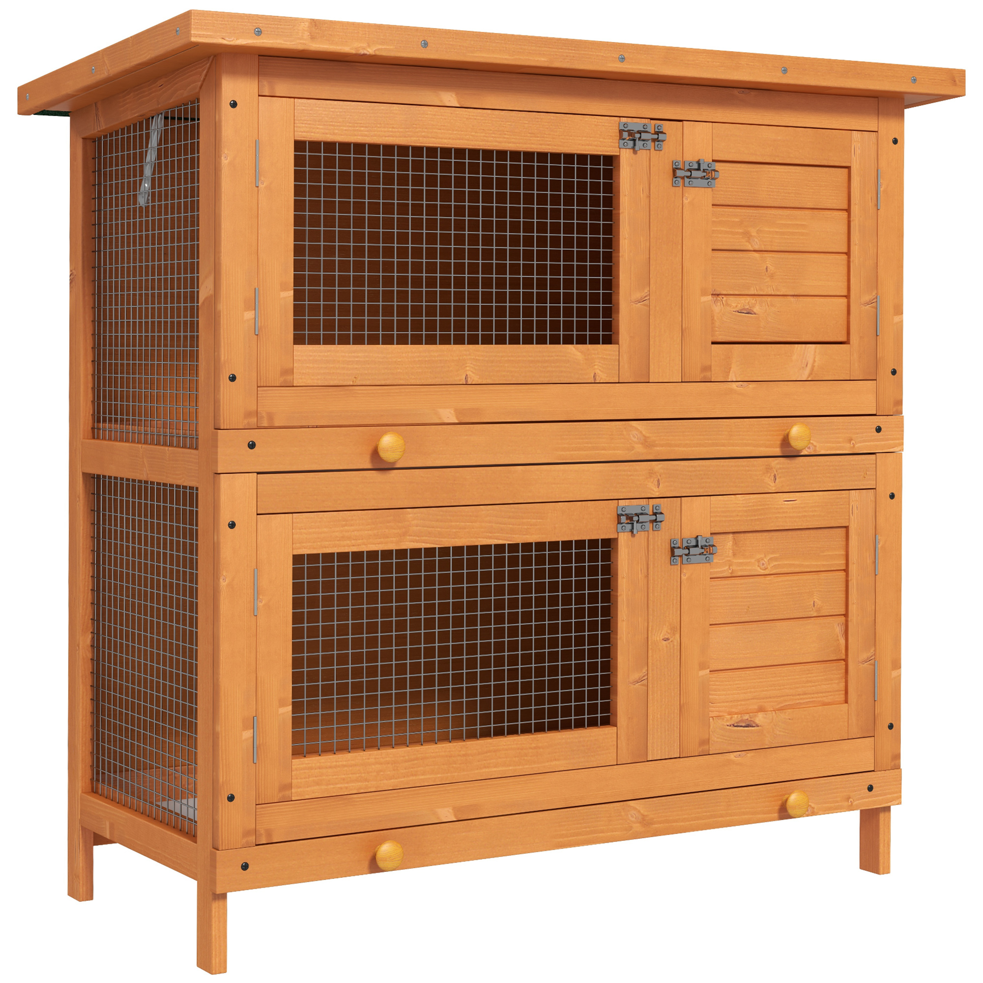 PawHut Conejera de Madera Exterior de 2 Niveles 90x45x90 cm para 1-2 Mascotas Pequeñas con Techo Asfáltico Abrible y 2 Bandejas