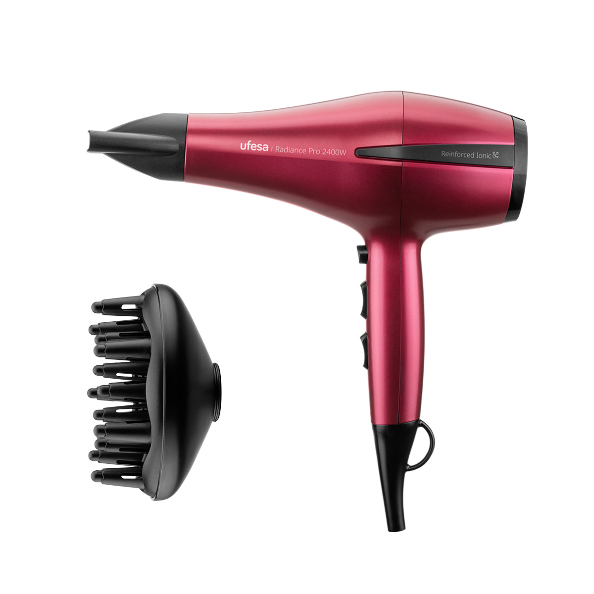 Ufesa - Secador de pelo Radiance Pro 2400W con motor AC profesional, tecnología iónica anti-frizz y brillo, 2 velocidades + 3 temperaturas, concentrador y difusor incluidos