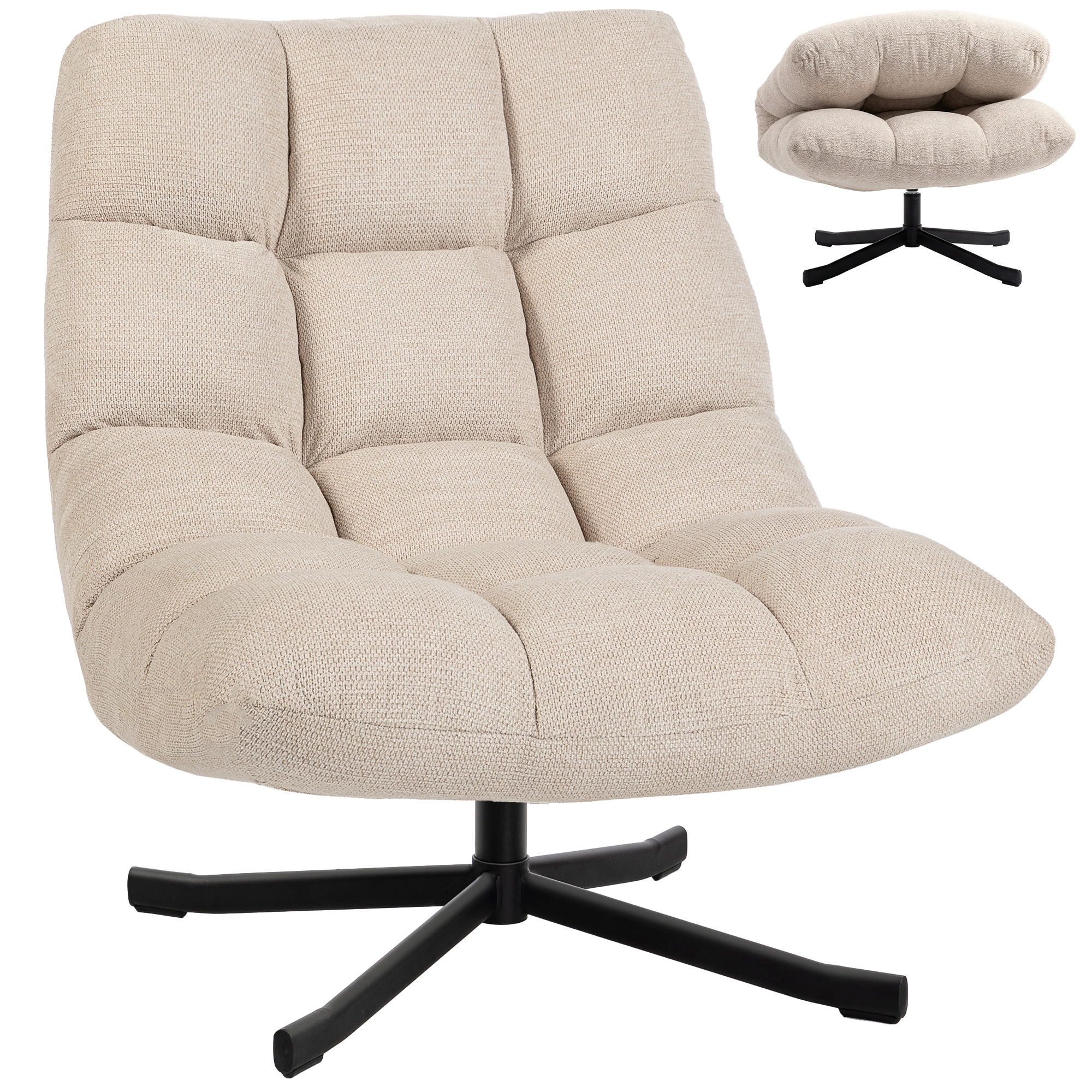 HOMCOM Sillón Giratorio Moderno, Butaca de Salón con Respaldo Plegable, Base de Cruz, Tapizado en Chenilla Impermeable, Asiento Extra Ancho y Patas de Acero, para Sala de Estar, Dormitorio, Crema