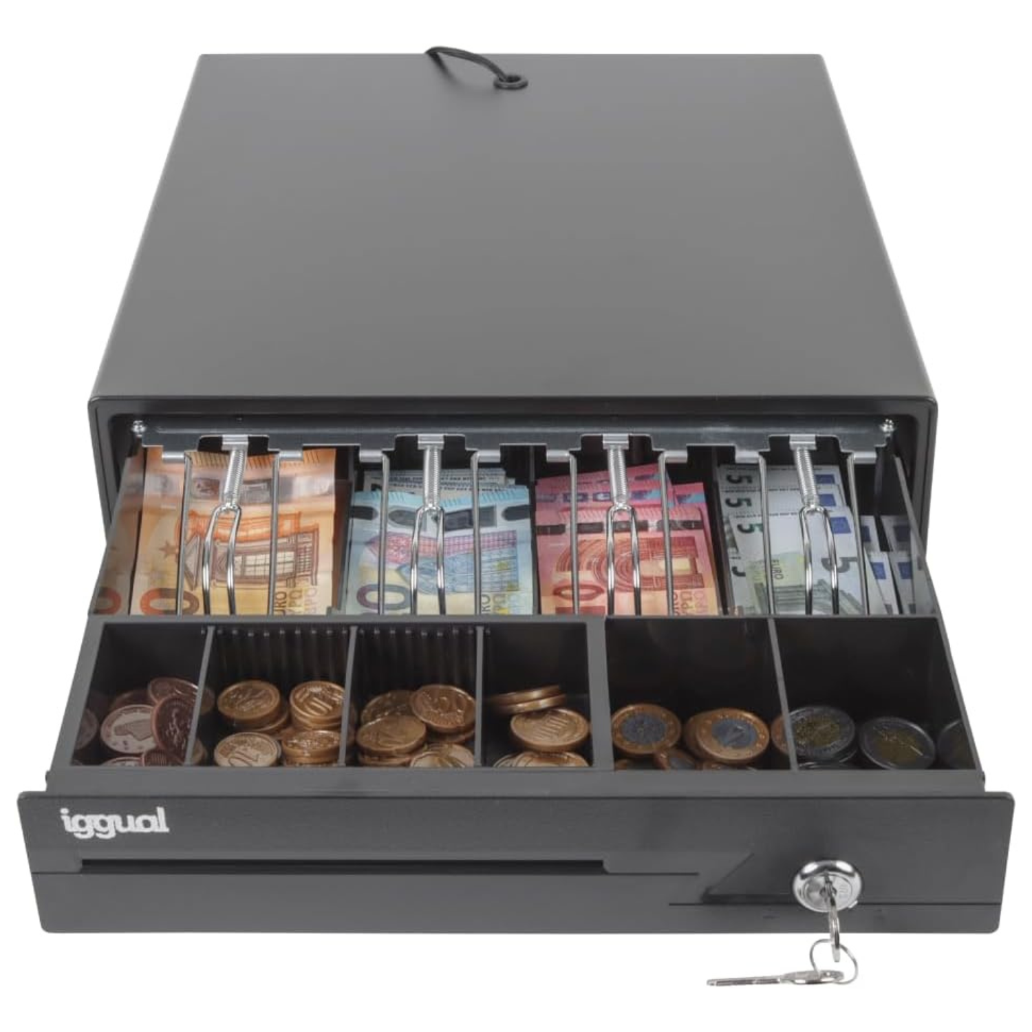 Iggual IRON-10 Cajón Portamonedas Caja Registradora Apertura Manual o Automática TPV | RJ11 | 38 x 33,5 x 8 cm | 4 Compartimentos para Billetes y 6 para Monedas | Cerradura de 3 Posiciones | Restaurantes, Bares, Tiendas, Negocios - Negro