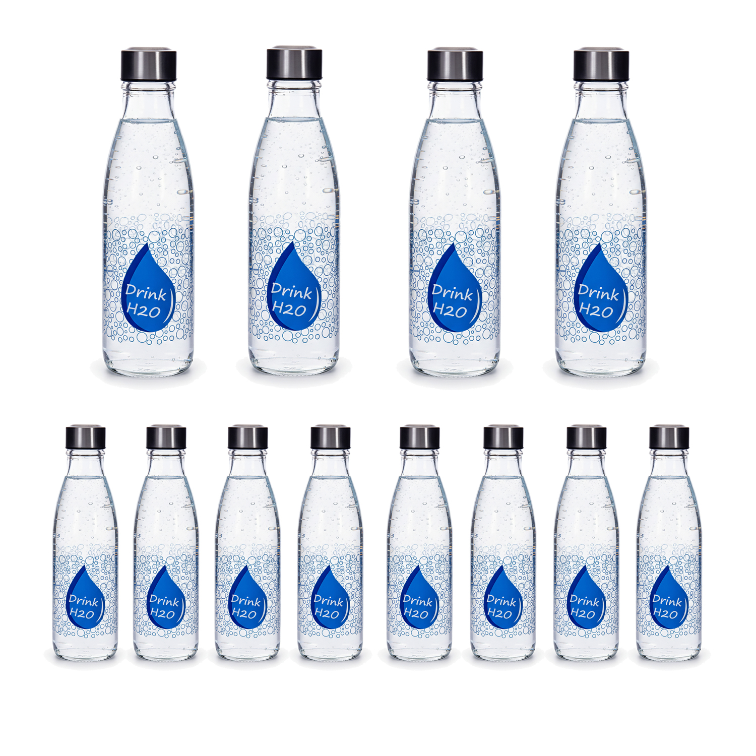 Botella de Cristal para Agua. Pack 6, 12 o 24 Botellas con Tapón de Acero. Botella Reutilizable, Grande, Transparente y Resistente. Apta para Nevera y Lavavajillas