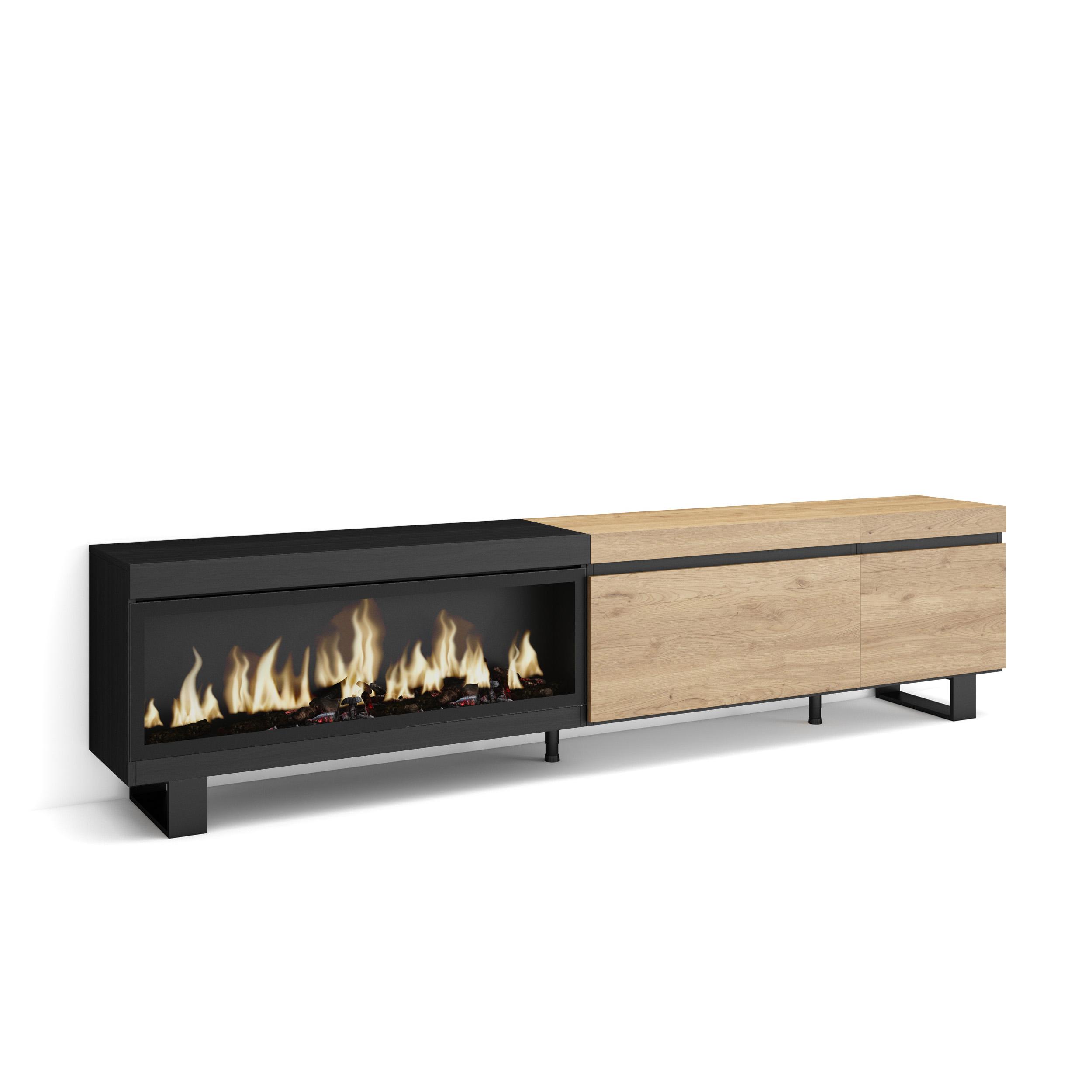 Skraut Home, Mueble TV de salón, 237x35x57cm, Chimenea eléctrica XXL led efecto fuego 3d, Diseño industrial