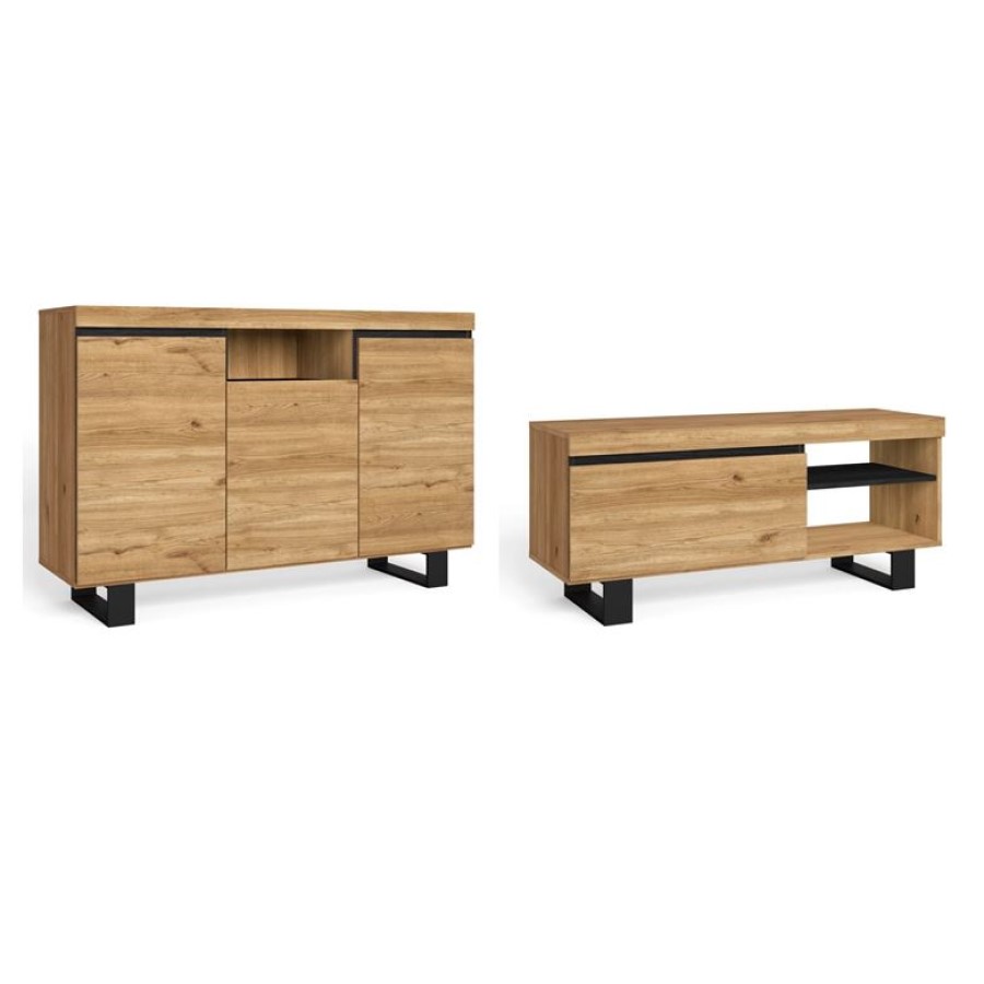 Skraut Home - Set Naturale salón Comedor con patas, Mueble Auxiliar,  Buffet y Mueble TV 120cm, color roble y negro nórdico