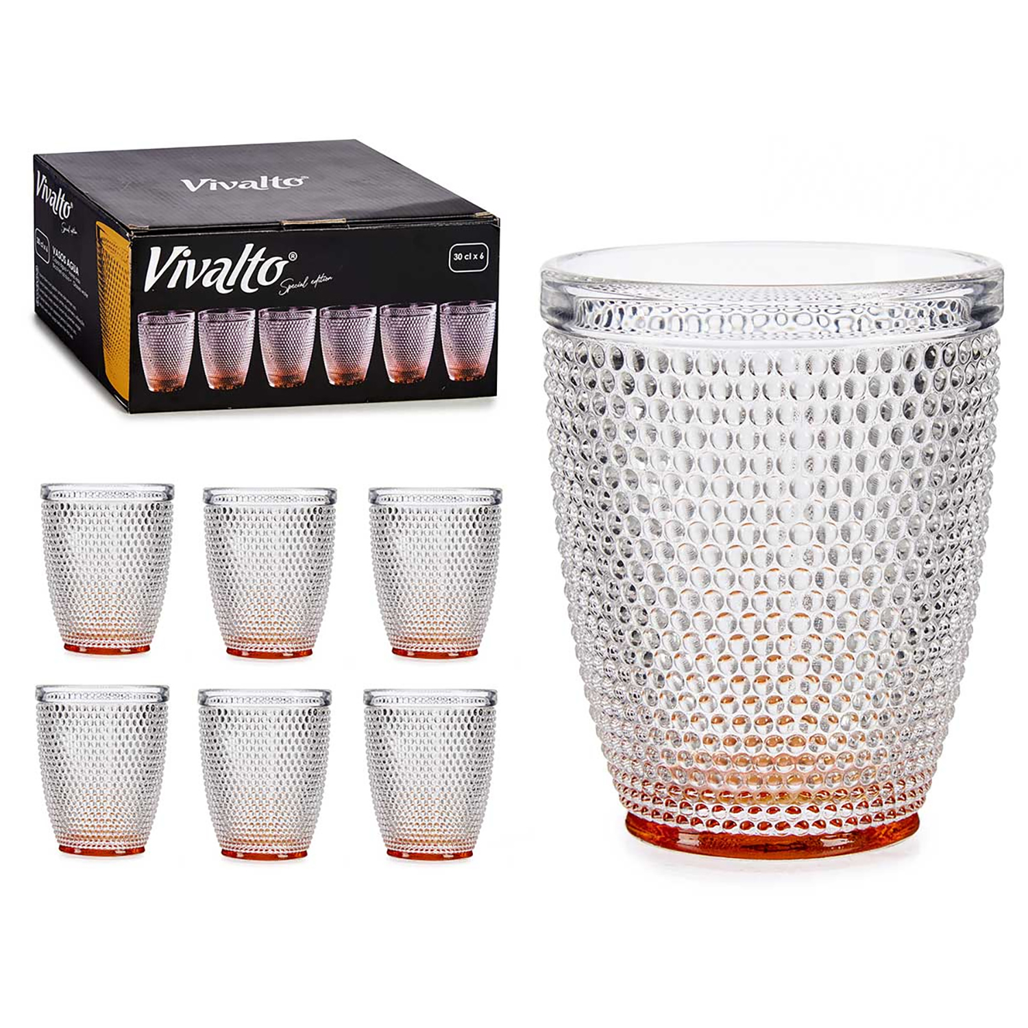 DAM PACK 6 VASOS CRISTAL PUNTOS AGUA 300ML AMBAR 8x8x10 Cm. Color: Transparente