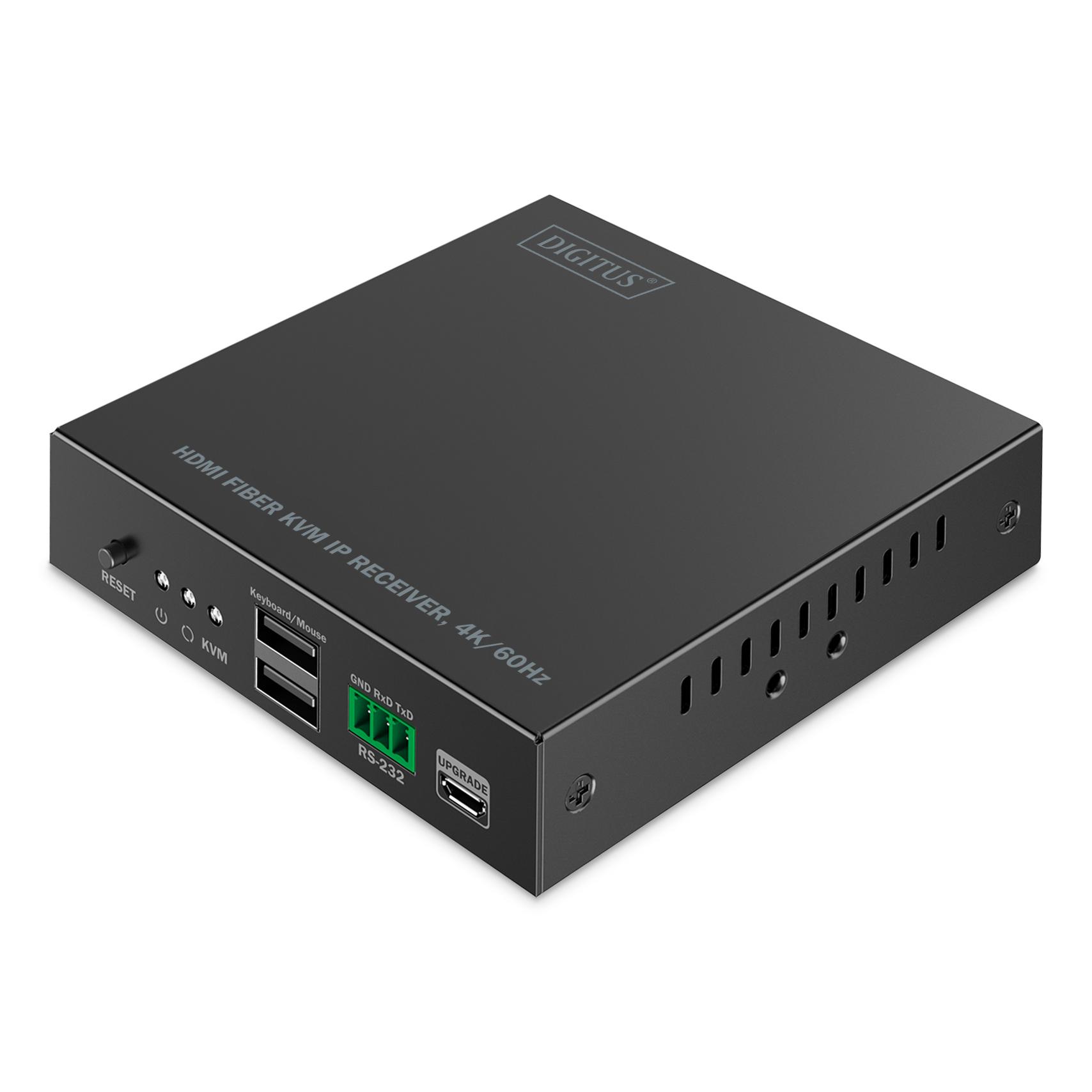DIGITUS HDMI Fiber KVM IP Extender Receptor para DS-55348 – UHD 4k 60Hz – HDMI 2.0 – Alcance MM 300 m y SM 40 km – 2x USB para ratón, teclado – Punto a punto – Negro