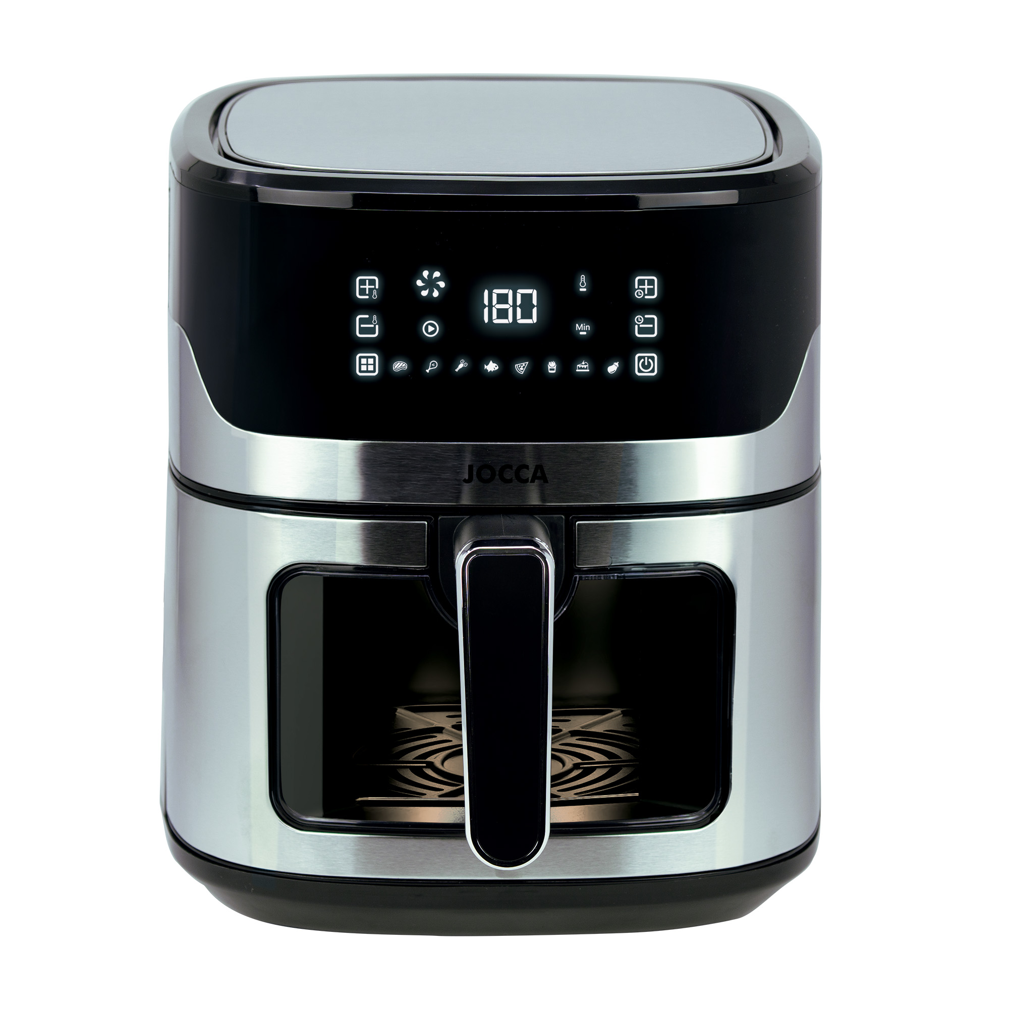 Freidora digital Jocca de aire caliente con ventana, capacidad de 6.5l, pantalla táctil con buena sensibilidad y tamaño con 8 programas predeterminados, temperatura ajustable, temporizador y 1600W de potencia. Libre de BPA & PFOA